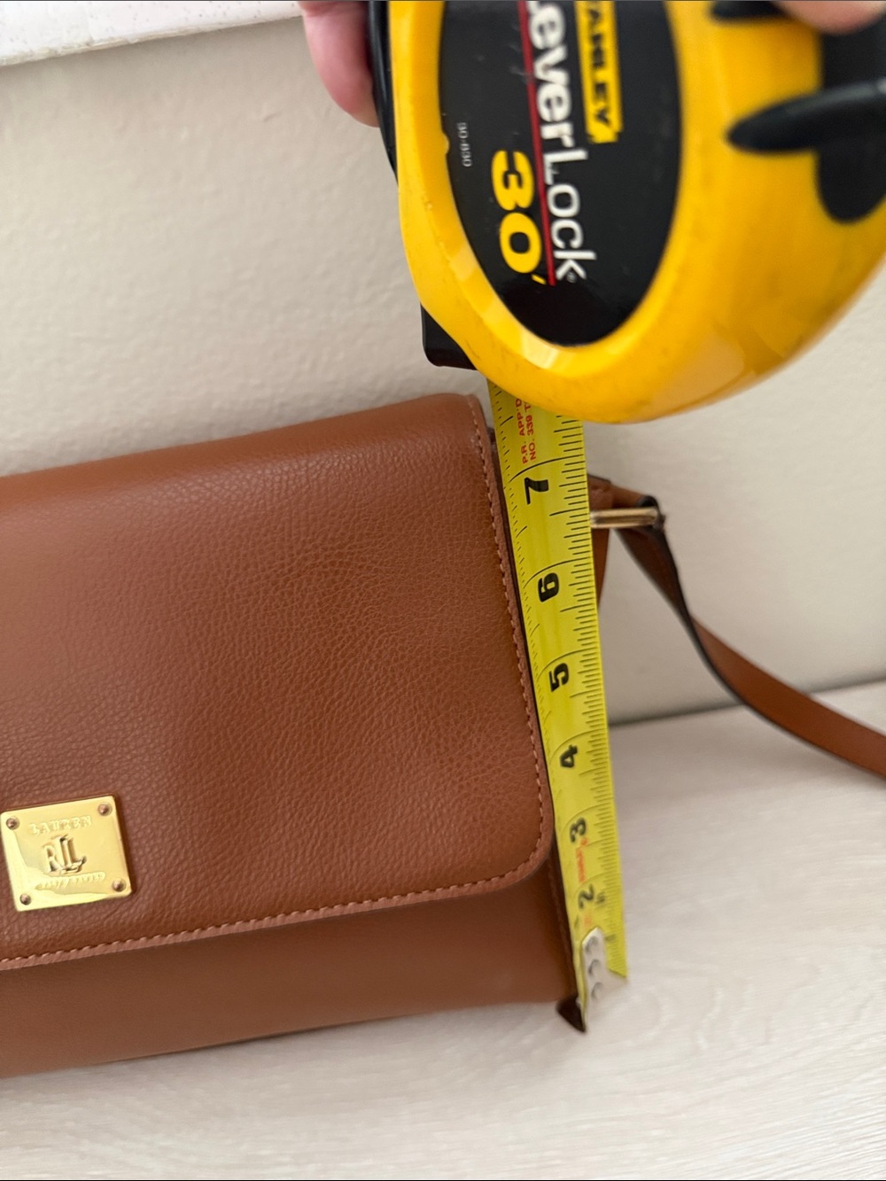 Lauren Ralph Lauren Tan Pebble Leather Crossbody with Gold Plaque - Picture 16 of 16